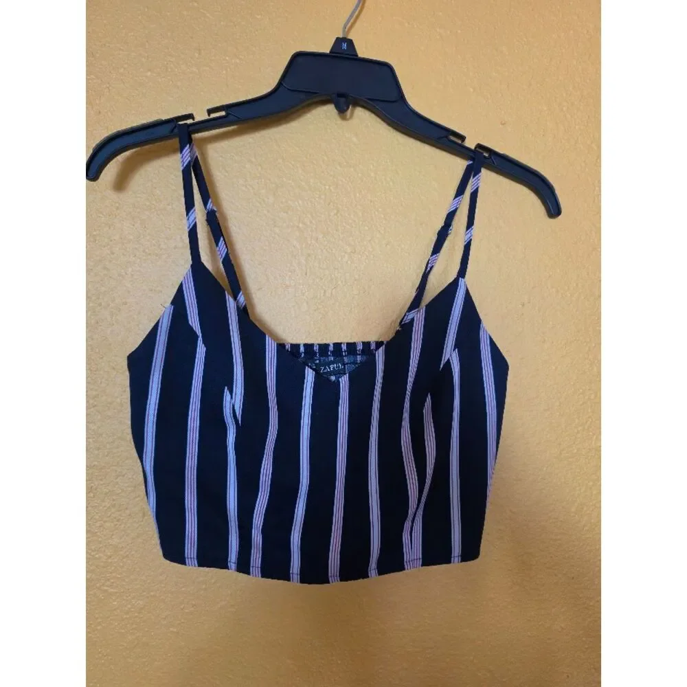 Size S Navy blue and white w/red pinstripe crop top
